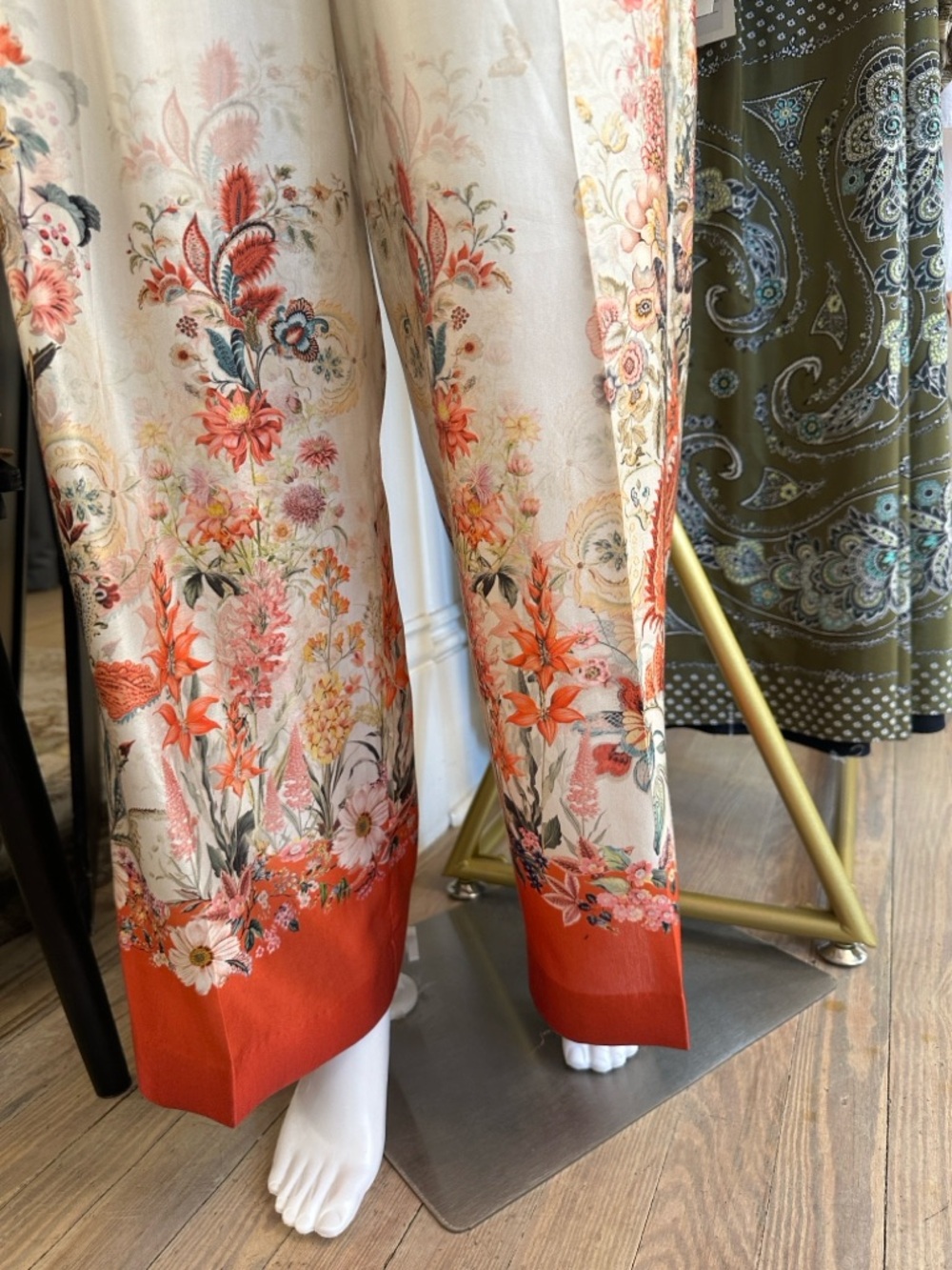 Floral Wide-Leg Satin Pants in Coral and Ivory